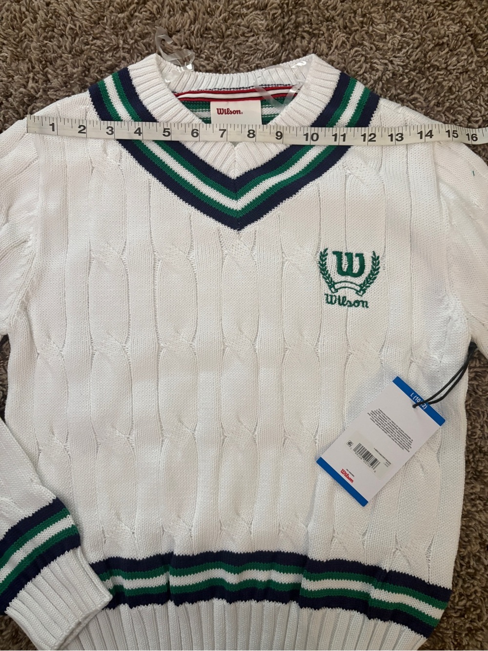 Wilson White Cable Knit V‑Neck Sweater with Green & Navy Stripes - Picture 7 of 10